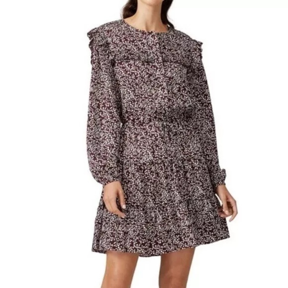 Rebecca Minkoff Floral Dress Womens Small Brown White Floral Bib Long Sleeve
